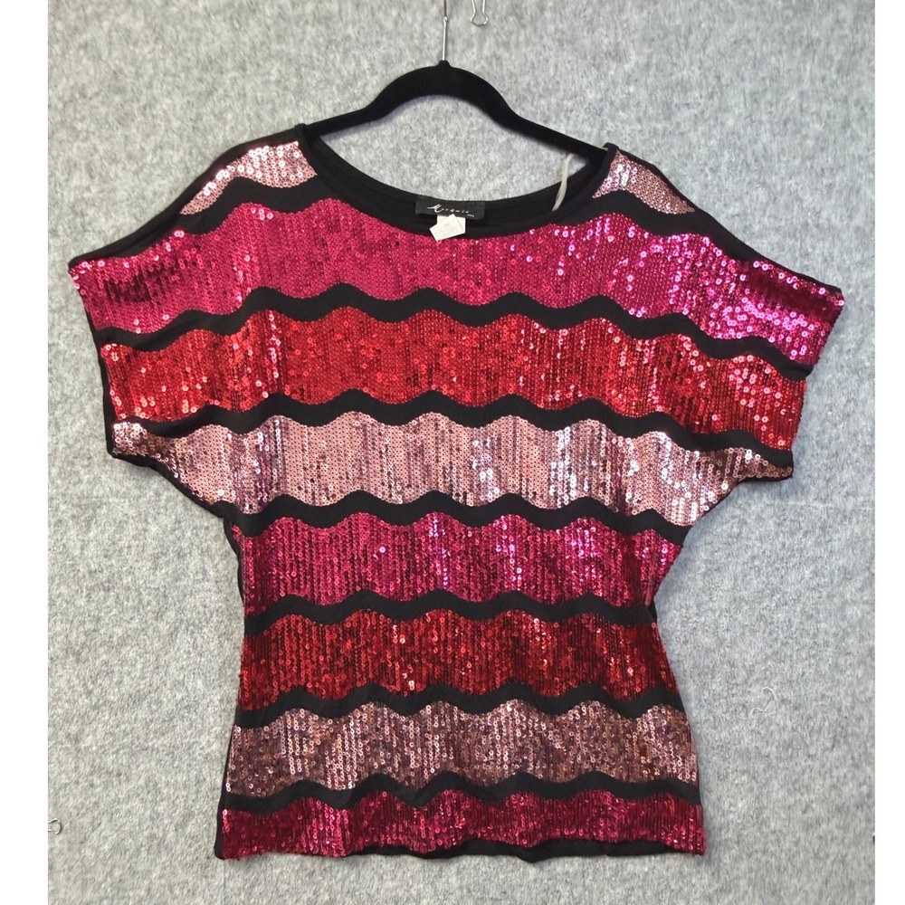 Monamie USA Sequin Wavy Stripe Top Pink Red XL FT8681 Short Sleeve Blouse
